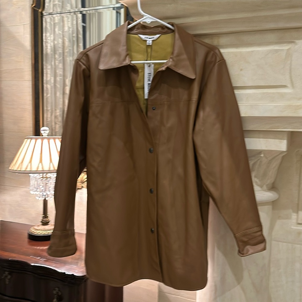 Women’s Steve Madden Brown faux leather oversized shirt jacket.